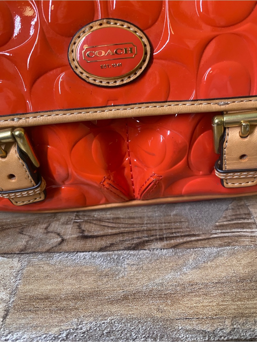 Coach Orange Patent Leather Signature Crossbody with Tan Trim - Picture 7 of 13